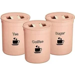 Image of Bargain House 3 Piece Tea, Coffee, Sugar Canister Set Elegant 850ml Plastic Airtight Storage Jars Durable Construction Round Containers with Lid Kitchen Essential Food Preservation Pink