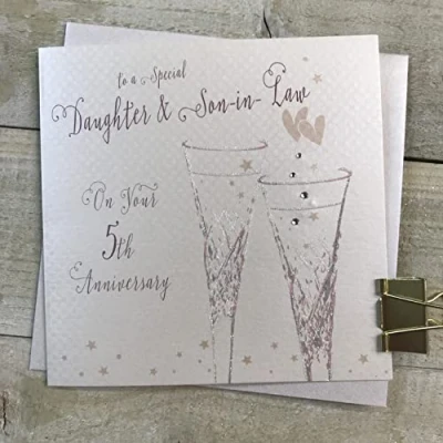Image of White cotton cards Daughter &amp; Son in Law 5th Wood Wedding Anniversary Flutes