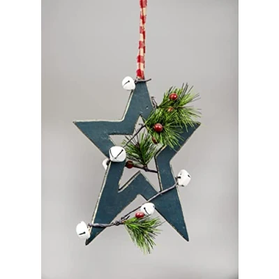 Image of 26cm Green Wooden Star Wall Hanging Ornament Decorated with White Bells Berries and Pines Christmas Holiday Home Decorations