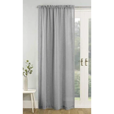 Image of Tyrone Textiles Ltd Tahiti Grey Pom Trim Linen Look Voile Panel (Drop 72&quot; (183cm))