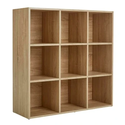 Image of Home Source Storage 9 Shelf Bookcase Wooden Display Unit, Oak Effect, Cube