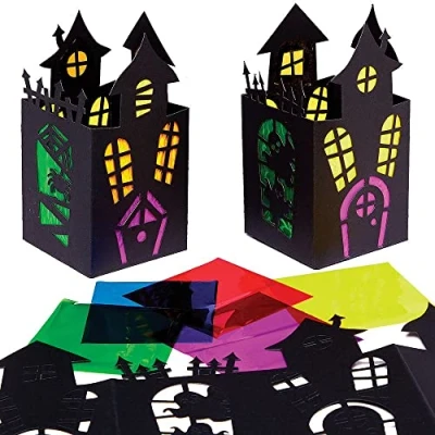 Image of Baker Ross FX188 Haunted House Stained Glass Lantern Kits Pack of 4, Halloween Party Decoration, Arts and Crafts for Kids