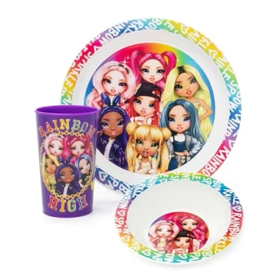 Image of Rainbow High Dolls 3 Piece Dinnerware Set Children Girls Tableware Plate Bowl Tumbler Cup Ruby Sunny Bella Amaya Stella Krystal Luna Multicolour
