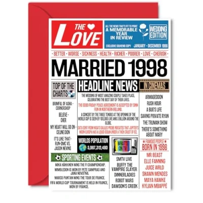 Image of 27th Anniversary Cards for Men Women Married 1998 Newspaper Happy 27 Wedding Card Husband Wife Brother Sister Aunt Uncle Vintage Retro 1998, 5x7 Inch Greeting