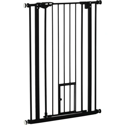 Image of PawHut Extra Tall Dog Gate with Cat Flap, Pet Safety for Doorways Stairs Auto Close Double Locking, 104 cm 74 80 Wide, Black