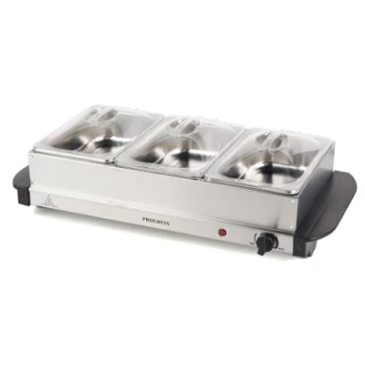Image of Progress EK3664P Electric Buffet Server 3 Pan Hot Plate, x 1.5L Removable Sections And Lids, Food Warmer Tray, 200W Portable Chafing Dish, Adjustable Temperature, Bain Marie, Catering Serving Tray