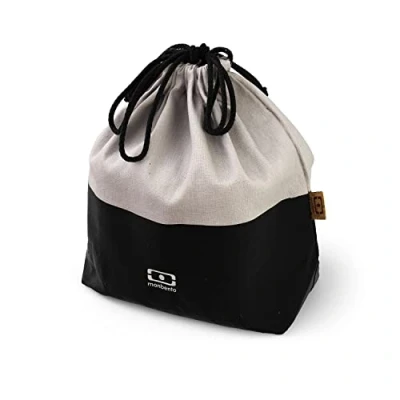 Image of monbento Lunch Bag MB Pochette L Natural Onyx Polyester and Cotton Large Tote for Work/School Packing Can Contain a Bento Box + Bottle Cutlery Set Cream &amp; Black