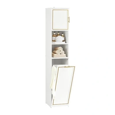 Image of SoBuy BZR87 W, Bathroom Tall Cabinet Cupboard Storage with Laundry Basket, Chest, White and Golden