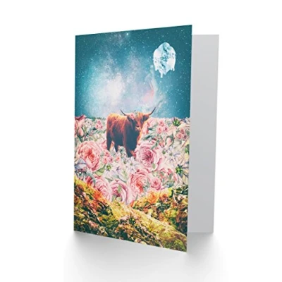 Image of Wee Blue Coo Scottish Highland Hairy Trippy Psychedelic Landscape Greetings Card