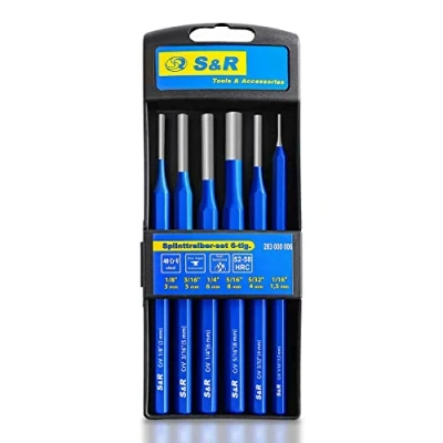 Image of S&amp;R pin Punch Set 6 pcs. Made of Chrome Vanadium Steel, Hardened 1,5mm / 3mm 4mm 5mm 6mm 8mm 1/16 &#039;, 1/8&#039;, 5/32 3/16&#039;, 1/4 5/16&#039;