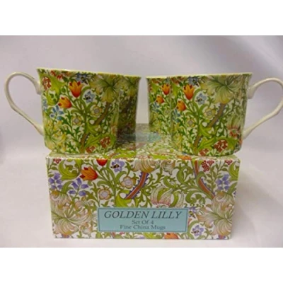Image of Heron Cross Pottery &quot;Abbeydale Collection&quot; Set of 4 Gift Boxed China Palace Mugs in William Morris Golden Lily Design.