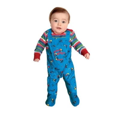 Image of Smiffys Chucky Baby Costume in Blue and Red, All One Bodysuit, Officially Licensed, Printed Iconic Outfit with Good Guy&#039;s Patch, Perfect for Halloween Matching Family Costumes