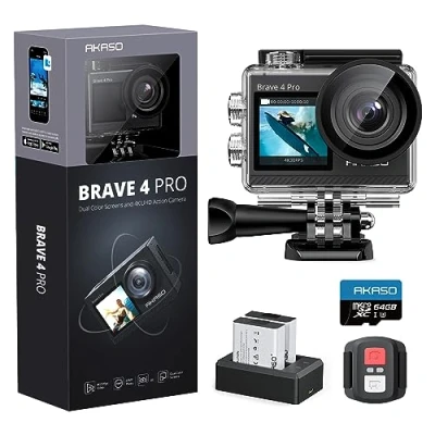 Image of AKASO Brave 4 Pro Action Camera with 64GB microSDXC Memory Card 131ft Waterproof Touch Screen Advanced EIS Remote Control 5X Zoom Underwater