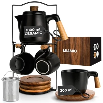 Image of MIAMIO 1000 ml Ceramic Tea Pot Set with Infuser and Cups/Tea Strainer, 4 Mugs (300 ml), Bamboo Saucers/Handle for Home Office (Black)