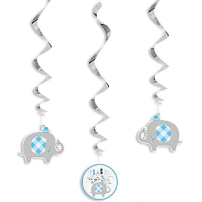 Image of Charming Blue Floral Elephant Hanging Swirl Decorations (66cm) Perfect for Baby Shower, Nursery, or Celebrations 3ct