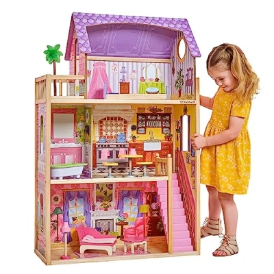 Image of KidKraft Kayla Wooden Dolls House with Furniture and Accessories Included, 3 Storey Play Set for 30 cm/12 Inch Dolls, Kids&#039; Toys, 65092 Amazon Exclusive