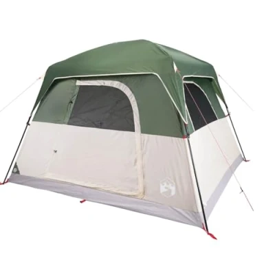 Image of vidaXL Green Waterproof Camping Tent Cabin 4 Person Polyester Shelter with Taped Seams, Detachable Rainfly, Mesh for Ventilation and Insect Protection, E port Access, Lightweight Carry Bag