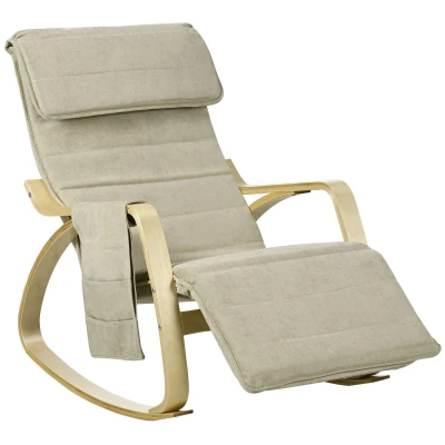 Image of HOMCOM Rocking Lounge Chair Recliner Relaxation Lounging Relaxing Seat with Adjustable Footrest, Side Pocket and Pillow, Khaki