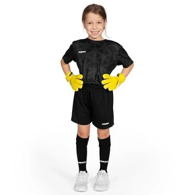 Image of FORZA Kids&#039; Goalkeeper Short Sleeve Kit Complete Set with Shirt, Shorts &amp; Socks [Ages 5 14] (Black, Age 11 12)