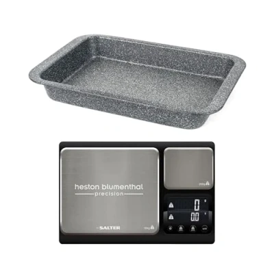 Image of Salter Roasting Tray &amp; Kitchen Scale Set Megastone 36 cm Roaster with Non Stick Coating, Carbon Steel, Heston Blumenthal Precision Digital Baking Dual Platforms, 10kg/200g, Tare Function