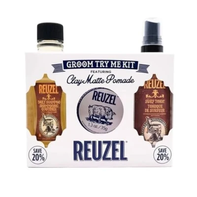 Image of Reuzel Groom Try Me Kit Clay Matte Pomade Hair Styling Set and Travel Set: 35 g, Daily Shampoo 100 ml, Surf Tonic ml