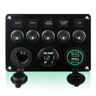 Image of Geloo 12V/24V Toggle Switch Panel, IP65 Waterproof Car Rocker Switches 4.2A Dual USB Charger Port Lighter Socket Digital Voltmeter Display for Boat RV Vehicles Green
