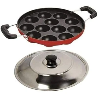 Image of Jagmor Non Stick Appam Pan, Takoyaki Maker (12 Cavity) for Making Litti, Paniyaram, Gunta Ponganalu, Small Idli, Paddu Maker, Appa Kara, Red Color