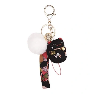 Image of RUIXIA Lucky Cat Cute Keyring with Pom Ball Mobile Phone Key Chain Japanese Cartoon 3D Pendant Backpack Bag Hanging Keychain Clasp Car Ring Bell Purse Wallet Ornament Gift