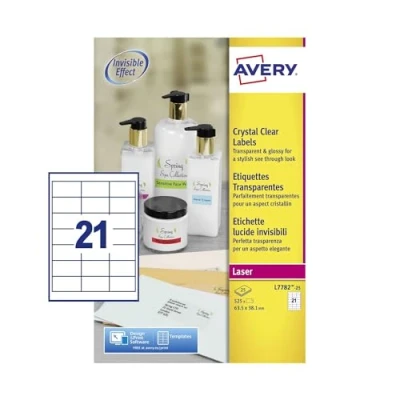Image of Avery L7782 25 Printable, Customisable Crystal Clear Transparent Labels, 21 Labels Per A4 Sheet