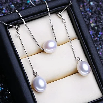 Image of 925 Sterling Silver Jewelry Sets Natural Pearl Drop Earrings Pendant Chain Long Necklaces For Women