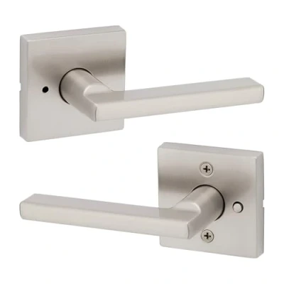 Image of Kwikset Halifax, Door Handle Lever Privacy Lock for Bedroom and Bathroom with Microban, Square Rose in Satin Nickel