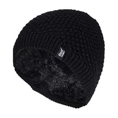 Image of HEAT HOLDERS Ladies Crochet Knit Style Fleece Lined Warm Thermal Winter Beanie Hat (One Size, Black (Nora))