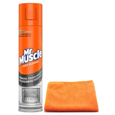 Image of Mr Muscle Oven Cleaner Spray (300 ML) BBQ Degreaser for Tough Grease, Grime with Ultra Absorbent Microfibre Cleaning Cloth