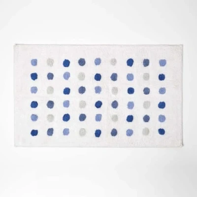 Image of HOMESCAPES Blue and White Cotton Bath Mat with Polka Dot Design Super Absorbent Tufted Bathmat, 50 x 80 cm
