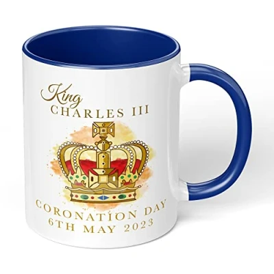 Image of Print Maniacs Mug Kings Coronation 2023 Official Crown 11oz King Charles III Commemorative Souvenir Gift His Majesty The Royal Memorabilia Gifts (Blue Infill)