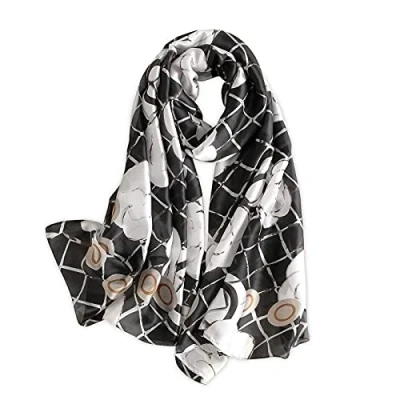 Image of LumiSyne Women&#039;s Silk Scarves Artistic Ink And Wash Painting Elegant Floral Printed Long Shawl Soft Wrap Sunscreen All Season