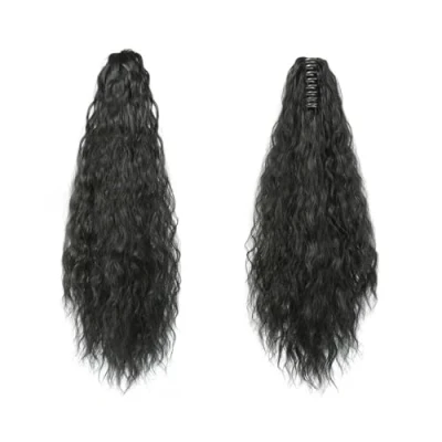 Image of FDEETY 22 Inch Ponytail Hair Extension Piece Long Corn Curly Heat Resistant Synthetic Clip in Wave Pieces For Women Girls (Natural Black)