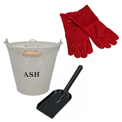 Image of Cream Coal Bucket With Lid, 5&quot; Shovel &amp; Gloves Metal Ash Tidy Bin Log Burner