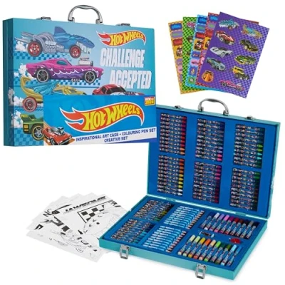 Image of Hot Wheels Art Set for Kids Supplies Colouring Pens Pencils Crayons Stickers Carry Case Arts and Crafts 130+ Pcs