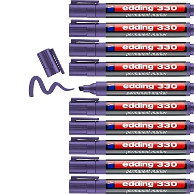 Image of edding 330 permanent marker violet 10 pens chisel tip 1 5 mm waterproof, quick drying, smear proof for cardboard, plastic, glass, wood, metal and fabric