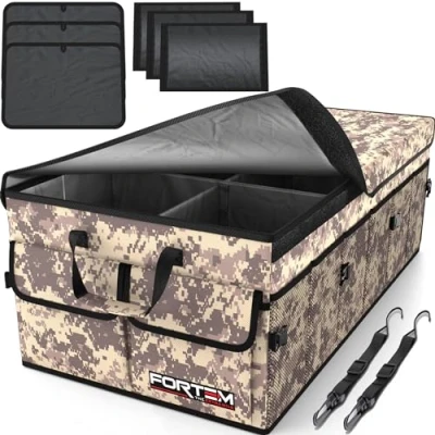 Image of FORTEM Car Boot Organiser, Storage Accessories, Collapsible Multi Compartment Tidy, Non Slip Bottom, Adjustable Securing Straps (Desert, X Large)