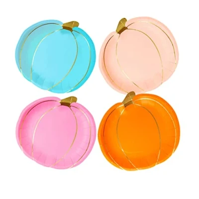 Image of Talking Tables Pack of 8 Halloween Plates Pumpkin Shaped Orange, Blue and Pink Disposable Tableware for Party, Autumn, Thanksgiving, HALLOWPLATE