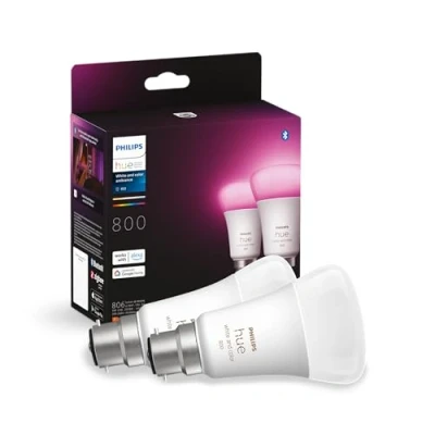 Image of Philips Hue White and Colour Ambiance Smart Bulb Twin Pack LED [B22 Bayonet Cap] 800 Lumens 60W Equivalent. for Home Indoor Lighting, Livingroom Bedroom, 2 Count (Pack of 1)