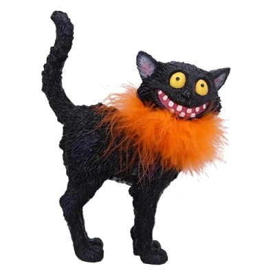 Image of Nemesis Now Furdinand 23cm, Resin, Black, Whimsical Smiling Cat Figure, Silly Black with Novelty Fur Collar Ornament, Collectable Giftware, Cast in the Finest Expertly Hand Painted
