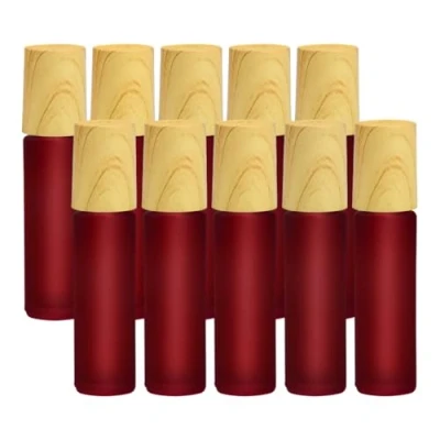 Image of Frosted Glass Essential Oil Roller Bottles, 10pcs Red Bottles with wood grain cap &amp; Stainless Steel Balls Oil, 10ml Empty Perfume Bottles(Red)