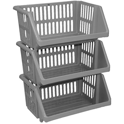Image of Multi Purpose Plastic Stacking Storage Basket Rack Stand Stackable Shelves Large Baskets for Vegetable Fruit Food Stationary Organize Racks 35cm (Silver, 3 Tier Basket)