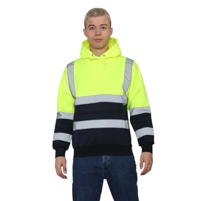 Image of Grunge Wear® Hi Vis Hoodie Viz Sweatshirt Safety Work Reflective Jumper Tape Band Warm Security High Visibility Pullover Hooded Top (Yellow Navy, XX Large)