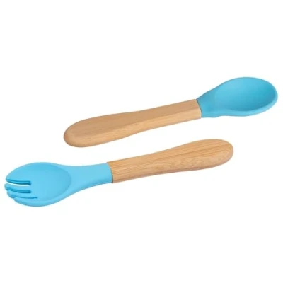 Image of 2pc Blue Bamboo Baby Weaning Fork &amp; Spoon Set Small Toddler Kids Childrens First Self Feeding Food Cutlery Utensils by Tiny Dining