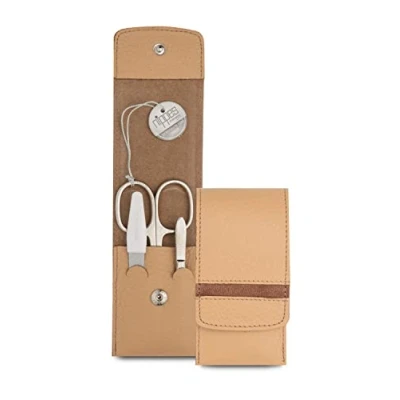 Image of Nippes Solingen Premium Line Manicure Set 3 Pieces Genuine Cowhide Leather Case with Press Stud Beige