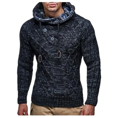 Image of Leif Nelson Men&#039;s Pullover Knit Sweater Hooded Hoodie LN 6004 Black Large